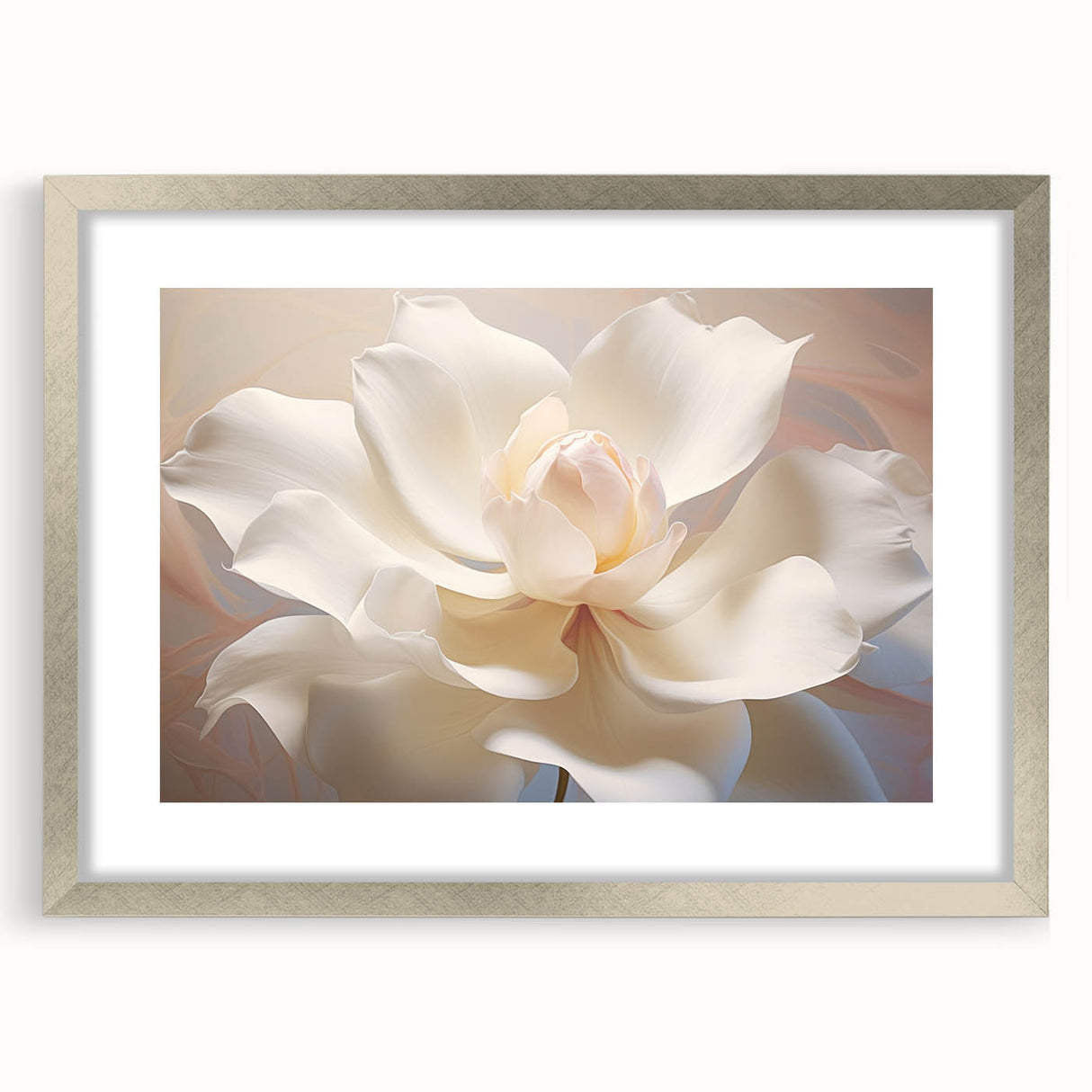 Textured abstract art print in silver frame, featuring a close-up of floral designs in soft gray tones.