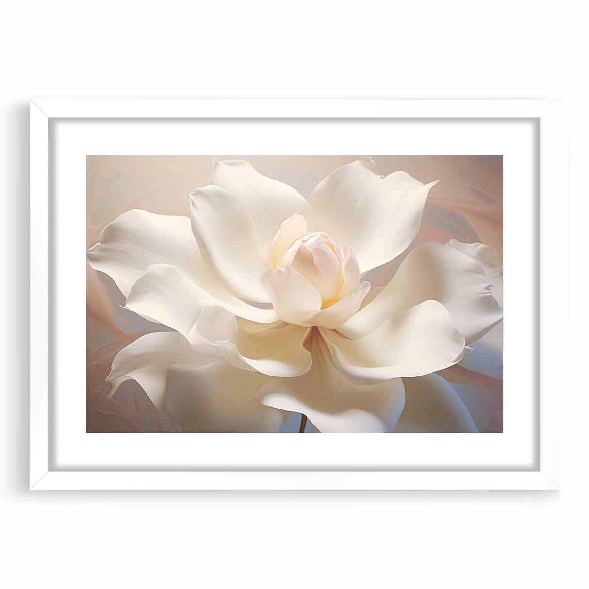 Abstract art print featuring close-up floral designs in soft pastel shades on a white framed canvas.