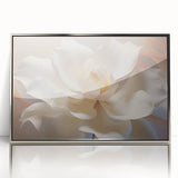 Mid-century modernist acrylic print featuring close-up floral designs in pastel shades, framed in silver.