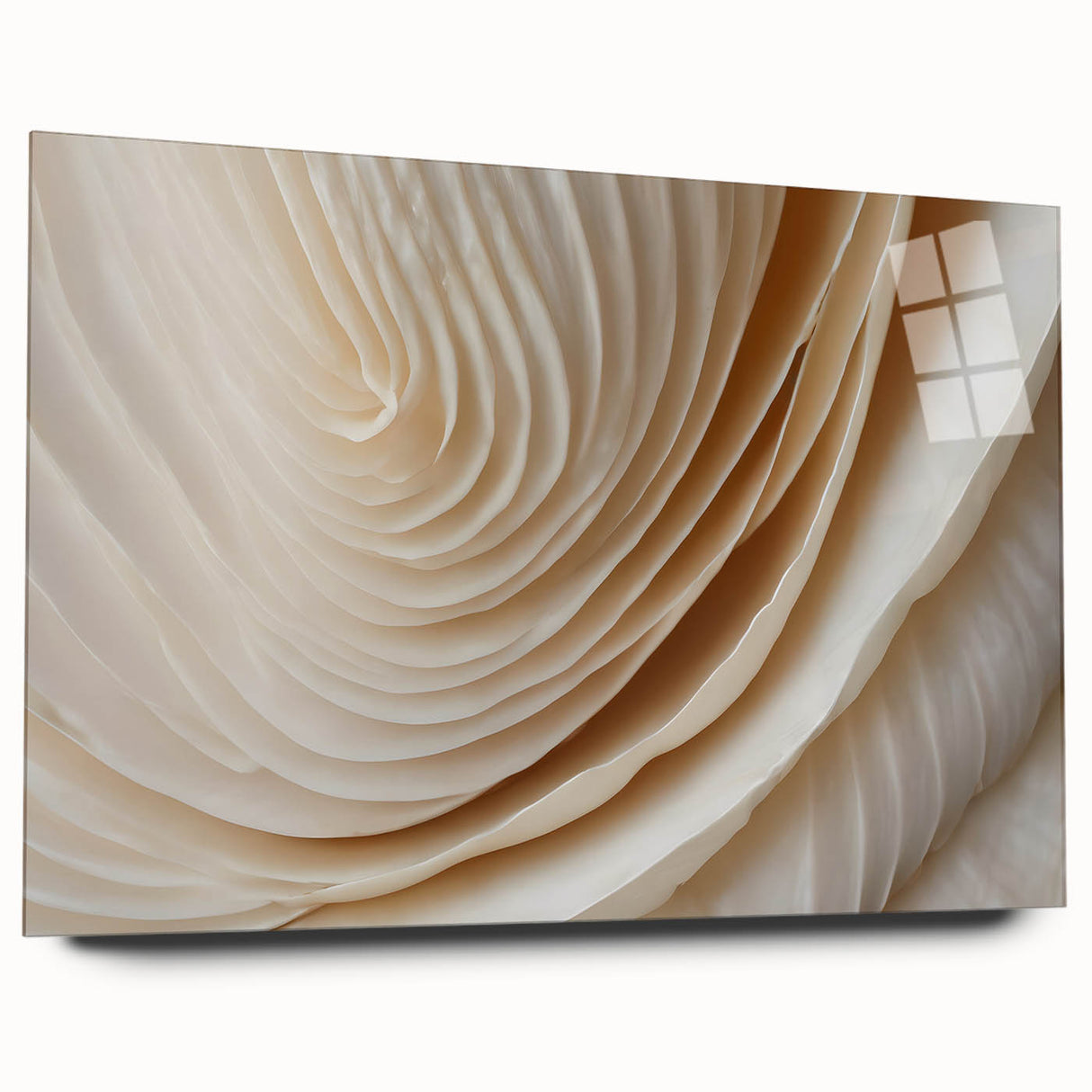 Large abstract floral art print in soft pink and green hues on acrylic glass, ideal for bedroom or dining room decor.
