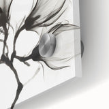 Large abstract floral design in vibrant colors on acrylic glass, ideal for dining room art in a mid-century modernist style.