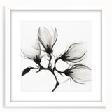 Abstract art print featuring a close-up floral design in vibrant green and white tones, framed with a white mat.