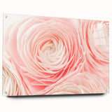 Close-up of a floral design in muted green and pink tones on acrylic glass, suitable for bedroom or dining room decor.