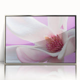 Mid-century modernist art depicting vibrant floral designs in an acrylic print with silver frame.