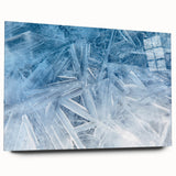 Close-up of frost patterns in blue and white tones on acrylic glass, suitable for modern art wall decor.