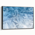 Black and white wall art featuring a close-up of frost patterns on ice, framed canvas, suitable for bedroom ambiance.