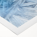 Art deco poster featuring a close-up of frost patterns in muted blue tones, printed on rolled canvas.