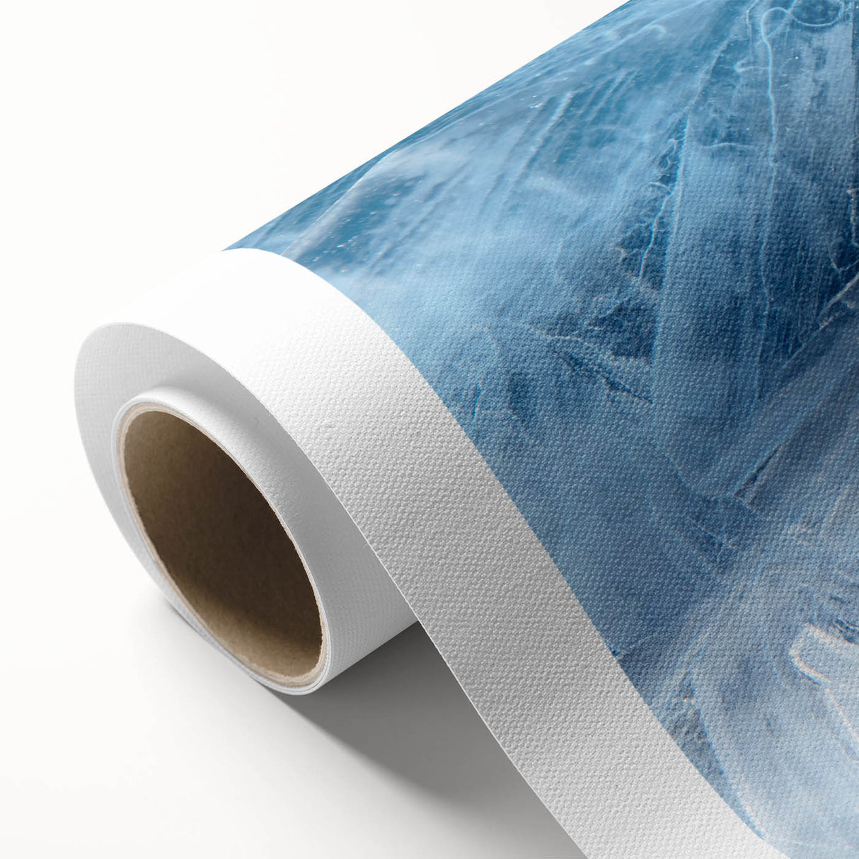 Art Deco poster of a frost pattern on a rolled canvas, in cool blue and white tones, ideal for nursery wall art.