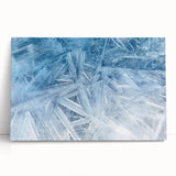 Close-up photo of frost patterns on ice, in black and white, printed on a large stretched canvas, ideal for kitchen wall art.
