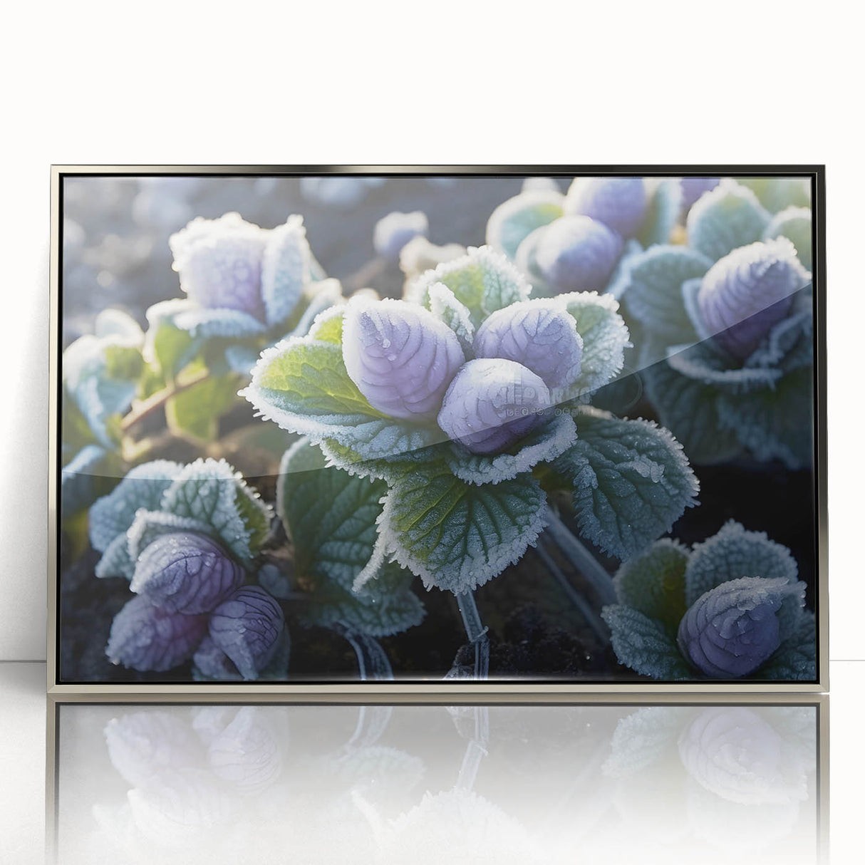 Close-up of frost patterns in shades of white and blue on a framed acrylic, ideal for modern art wall decor.