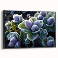 Black and white landscape art painting on framed canvas, featuring a close-up of frost patterns.