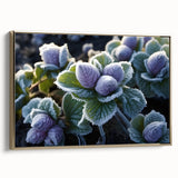 Framed canvas depicting a close-up landscape of frost patterns in muted blue and white tones.