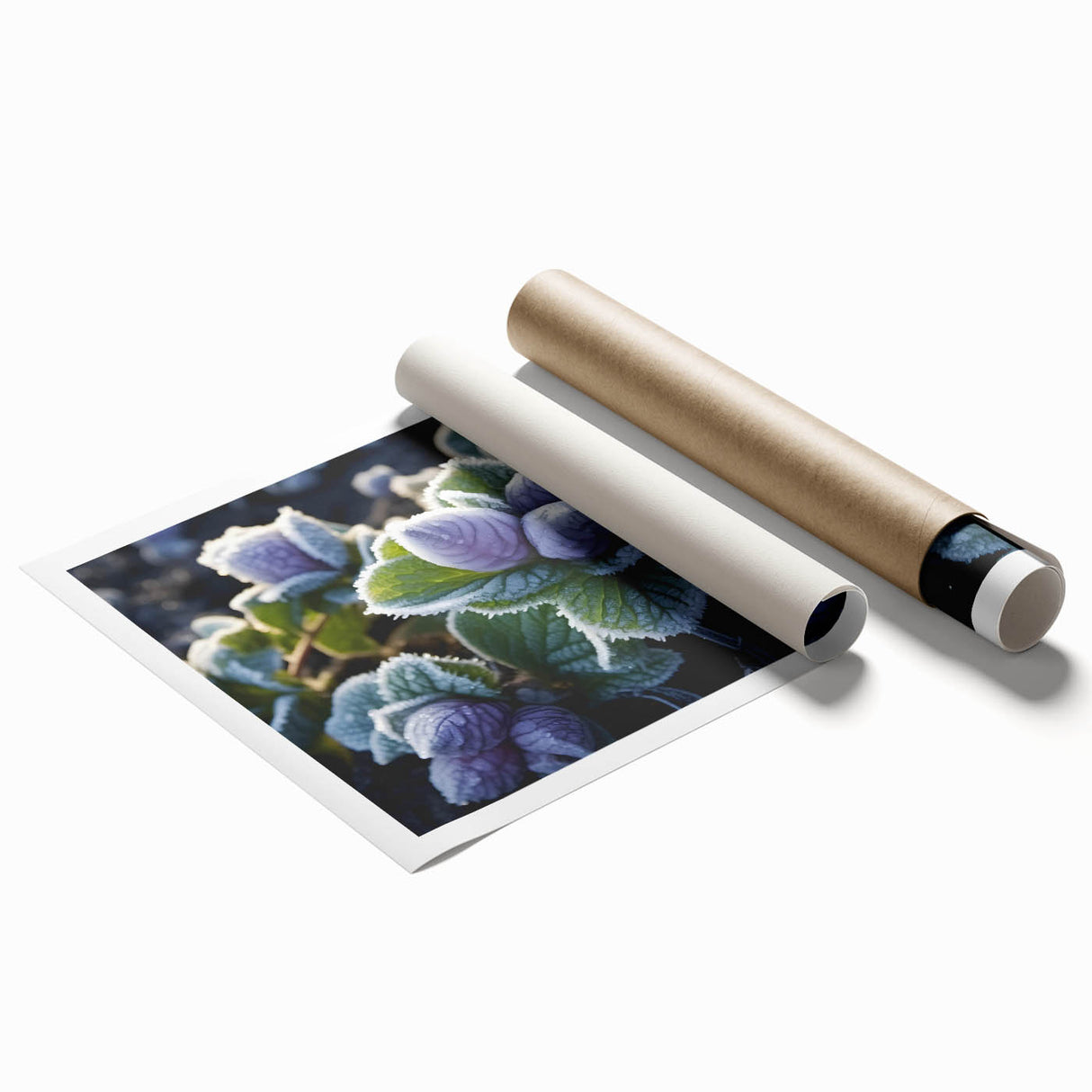 Close-up image of frost patterns on ice in muted blue and white tones, printed on extra-large rolled canvas.