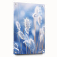 Close-up of frost patterns on acrylic glass, in a cool blue and white palette, suitable for bedroom or dining room decor.