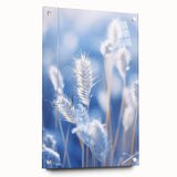 Close-up of frost patterns on acrylic glass, in a cool blue and white palette, suitable for bedroom or dining room decor.