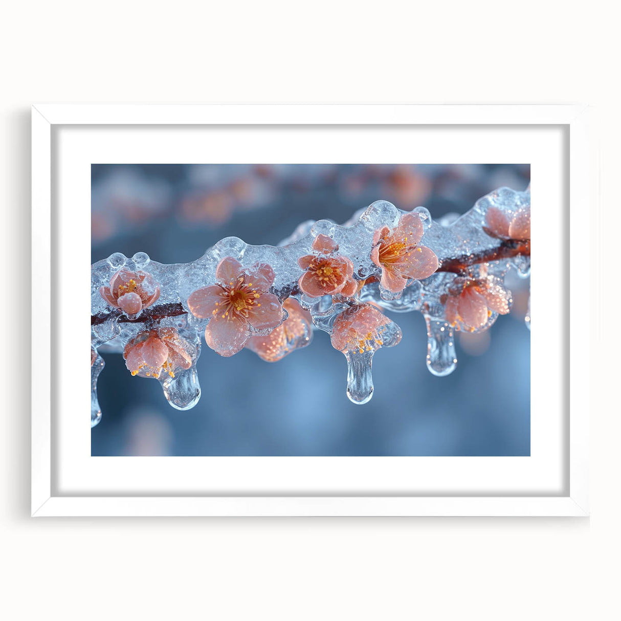 Extra large abstract art print featuring a textured frost design in icy blue tones, framed with a white mat.