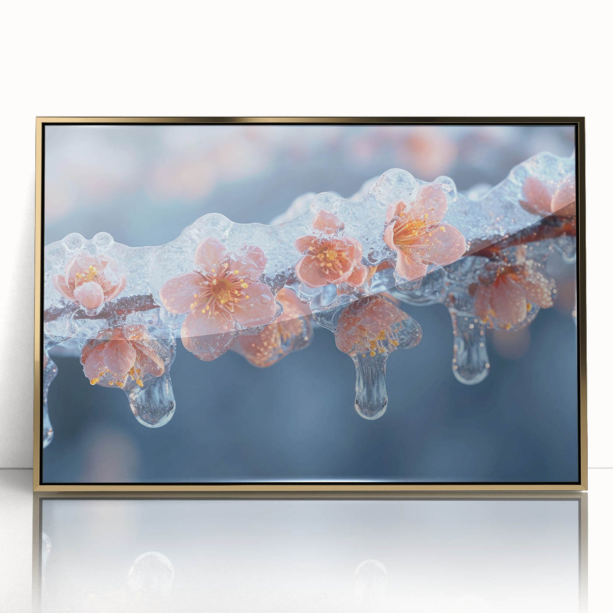 Framed acrylic print featuring a close-up of frost patterns in gold, exemplifying mid-century modernist art.