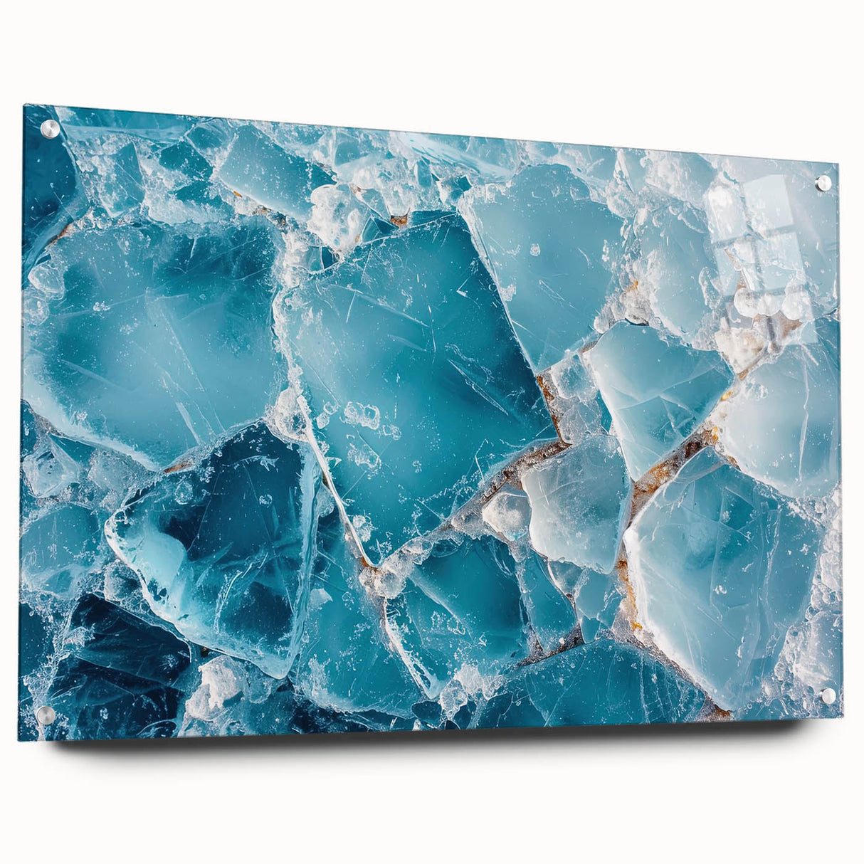Acrylic print of a large abstract design featuring frost-like patterns in blue and white tones.