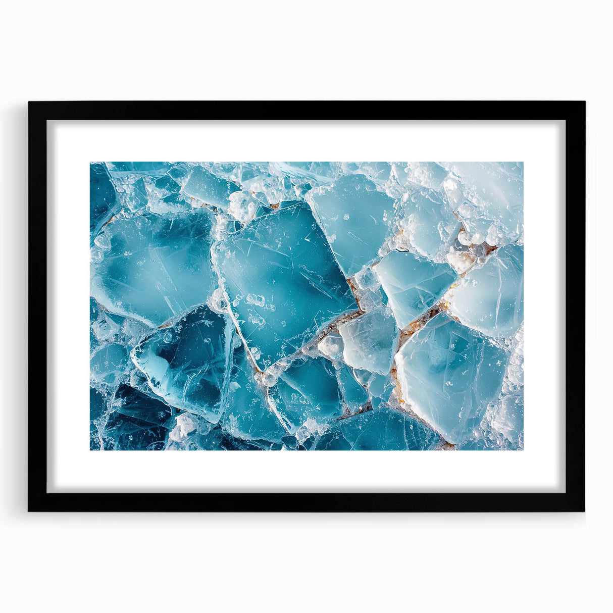 Abstract art print featuring textured, colorful frost patterns on a black-framed canvas.