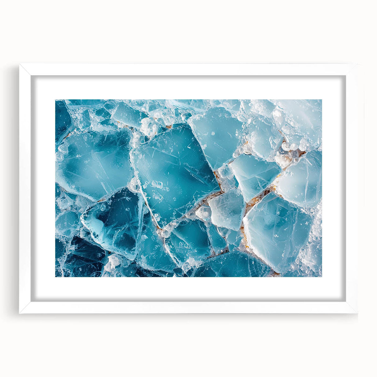 Extra large abstract art print featuring a textured frost design in white and blue tones, framed with a white mat.