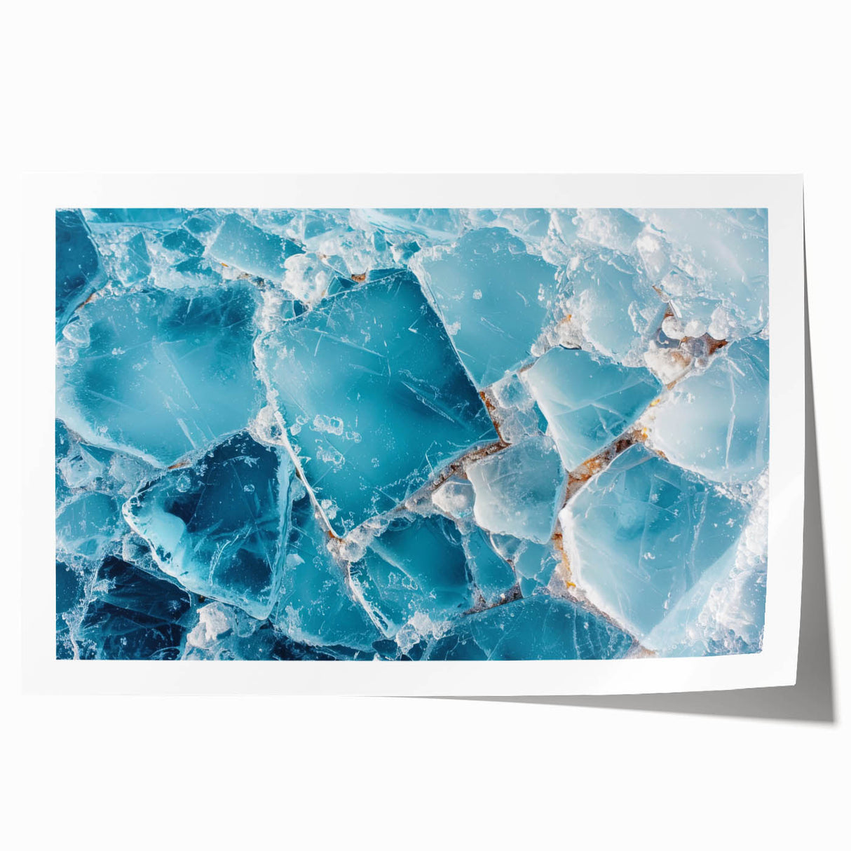 Close-up image of frost patterns on ice in muted blue tones, rolled print.