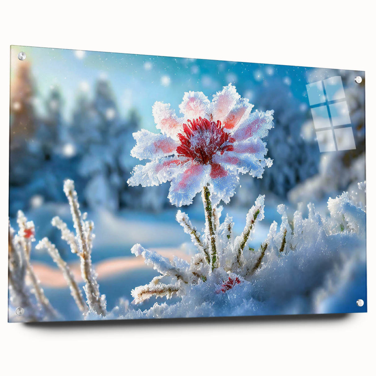 Close-up of frost patterns in blue and white on acrylic glass, suitable for bedroom or dining room wall decor.