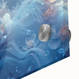 Close-up of frost pattern in muted gray and blue tones on acrylic glass.