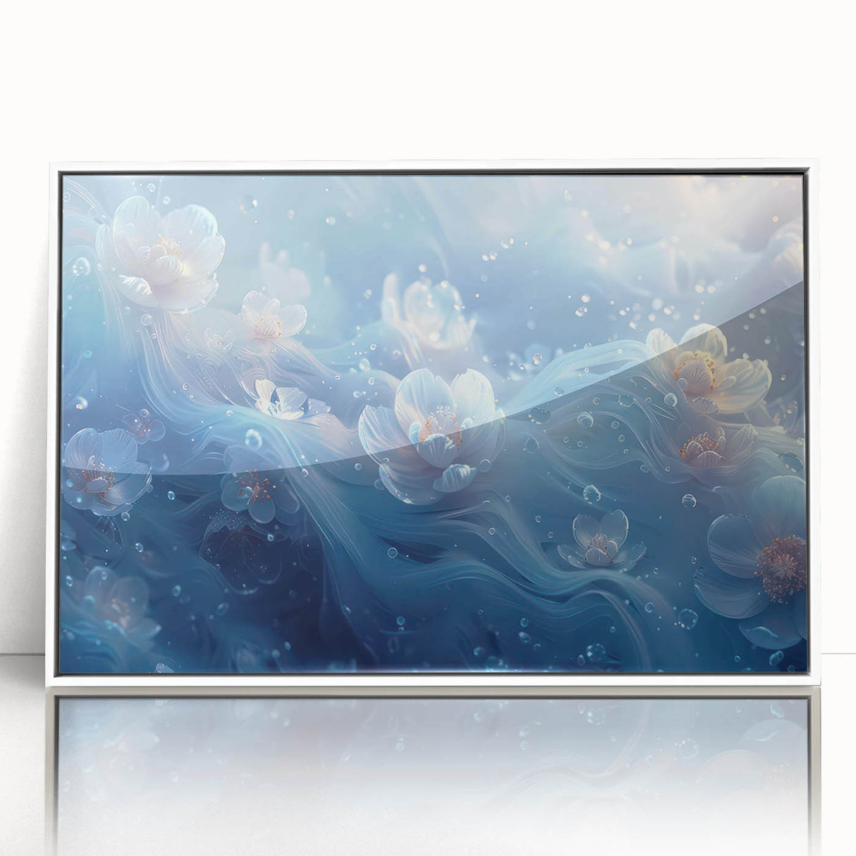 Framed acrylic print of a close-up ice frost design in muted white and gray tones, suitable for modern nursery wall art.