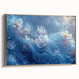 Framed canvas of a close-up landscape art painting featuring intricate frost patterns in gold.