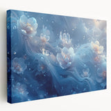 Close-up image of frost patterns on ice, rendered in muted blue and white tones on a stretched canvas.