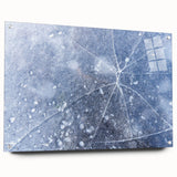 Close-up of frost pattern on acrylic glass print, in subdued blue and white tones, suitable for bedroom or dining room decor.