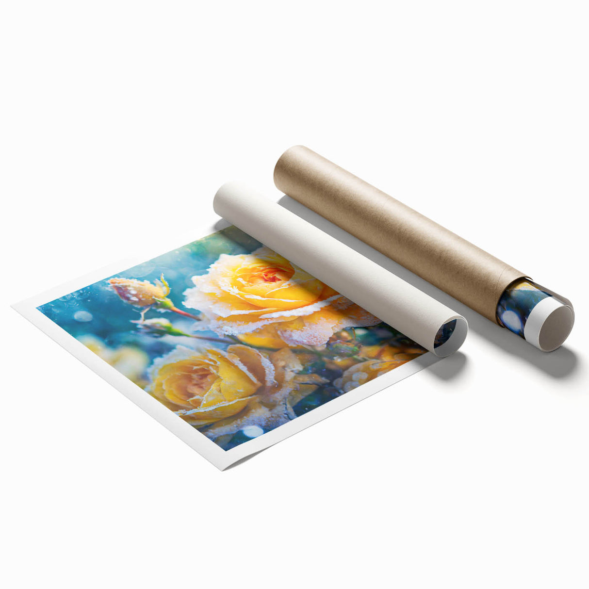Close-up image of frost patterns on ice in muted blue and white tones on a rolled canvas, suitable for bathroom wall decor.