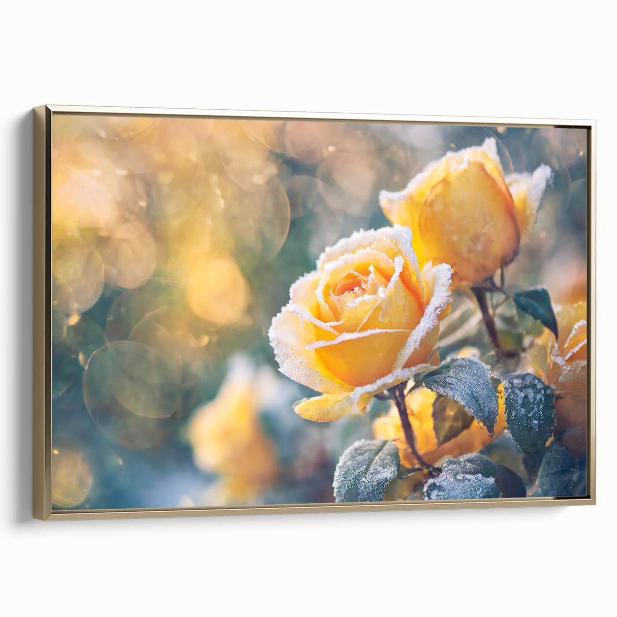 Framed canvas featuring a close-up landscape of frost patterns in gold, ideal for adding a vintage touch to any room.