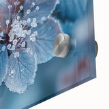Mid-century modernist large abstract wall art depicting frost designs in icy blue tones on acrylic glass.