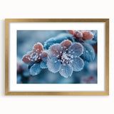 Textured art of abstract frost design in gold frame, featuring muted gray and blue tones, ideal for bedroom art.