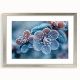 Abstract art print of frost patterns in muted gray tones, framed in silver, ideal for dining room decor.