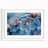 Extra large abstract art print featuring a close-up of frost patterns in muted white and blue tones, framed with a white mat.