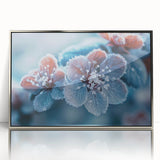 Framed acrylic print featuring a close-up of frost patterns in silver tones, ideal for modern art wall decor.