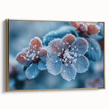 Framed canvas depicting a close-up landscape of frost patterns, featuring a gold frame and subtle gray tones.