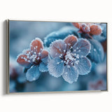 Vintage poster art of a frost pattern in silver frame, featuring a palette of grays and whites, ideal for living room decor.