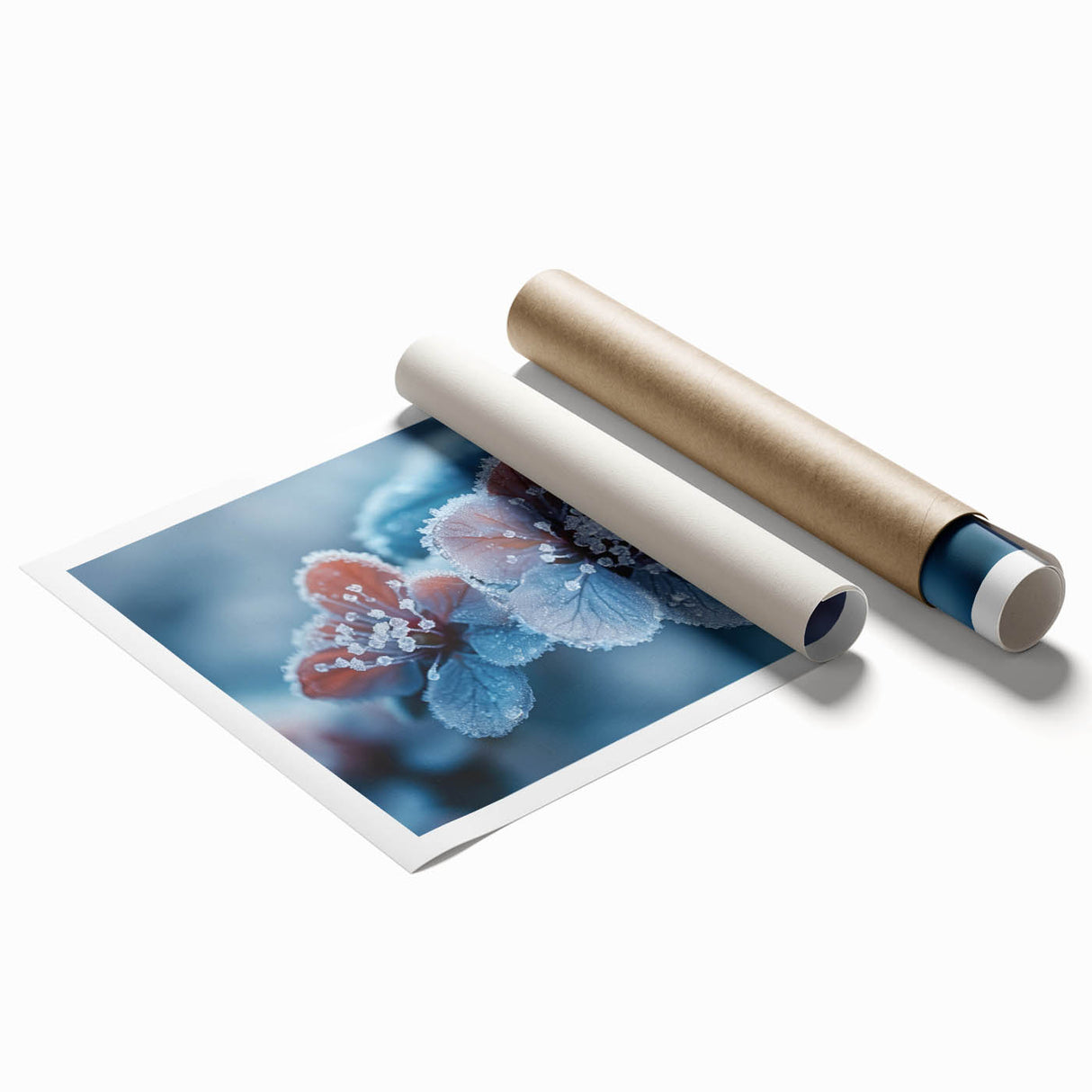 Extra large rolled print featuring a close-up of frost patterns on ice, in muted blue tones.