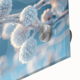 Close-up of frost patterns on glass in muted blue tones, acrylic print, suitable as large abstract dining room art.