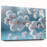 Large abstract wall art depicting frost patterns in muted white and gray tones on acrylic glass.