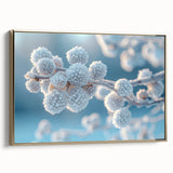 Framed canvas featuring a close-up landscape art painting of frost patterns in shades of black and gold.