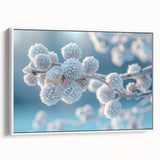 Black and white framed canvas featuring a close-up of frost patterns, ideal for bedroom wall decor.