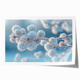 Close-up image of frost patterns on ice in muted blue and white tones, printed on rolled canvas.