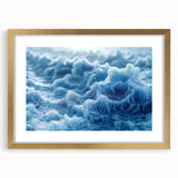 Textured art featuring a close-up abstract design of frost, rendered in muted white and gray tones on a gold-framed canvas.