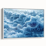 Framed canvas landscape art depicting a frost design in muted blue and white tones, ideal for bedroom wall decor.