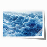 Close-up of frost patterns on ice in muted blue tones, extra large rolled print, suitable as art wall for dining room.