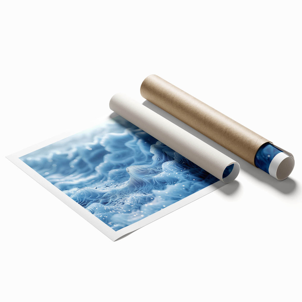 Close-up of frost patterns on ice, in muted gray and white tones, on rolled print canvas, suitable for bathroom decor.